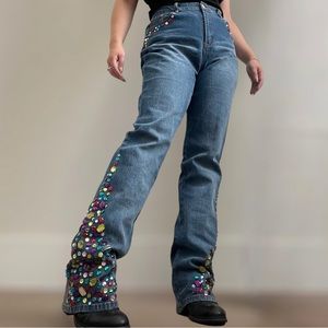 Vintage 90s Reworked Retro Disco Denim Rhinestone High Rise Wide Leg Tall Jeans